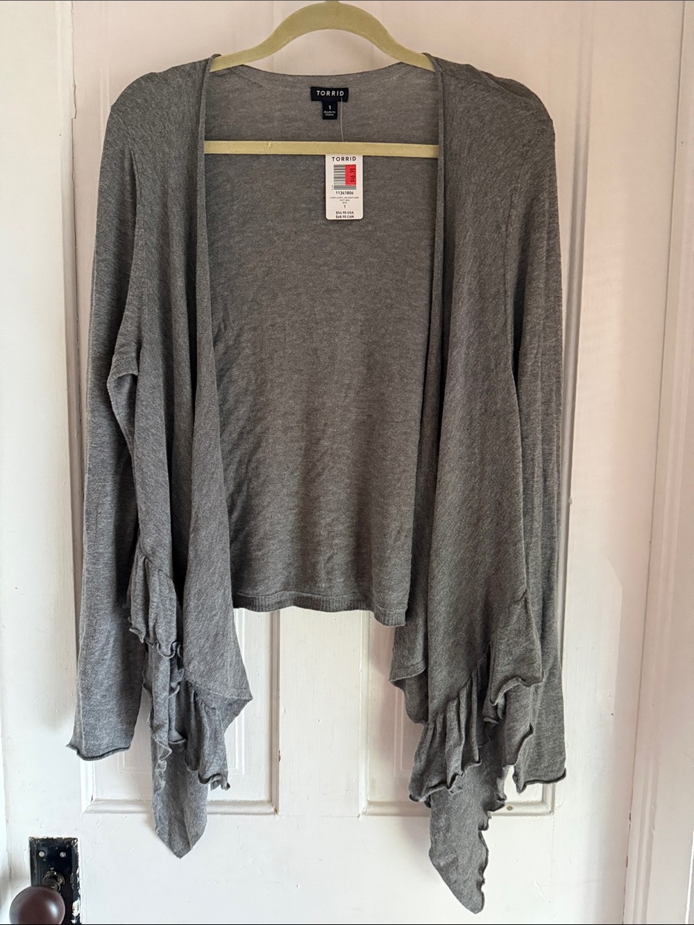 Torrid size 1 Gray Ruffle-Trim Open Front Cardigan new